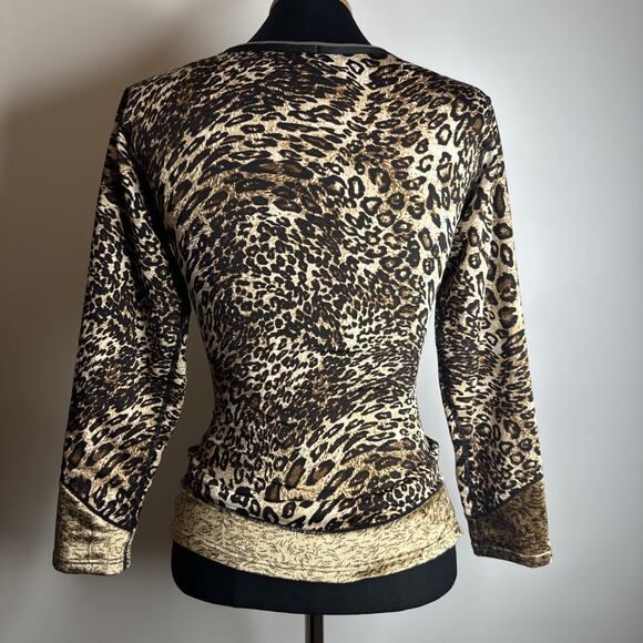 Vintage Y2K 90s Top XS Thermal Leopard Print V Neck Long Sleeve Cyber Grunge - Picture 2 of 9
